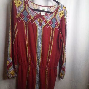 Nurture Dress L Women Long Sleeve Pattern Red Blue Yellow